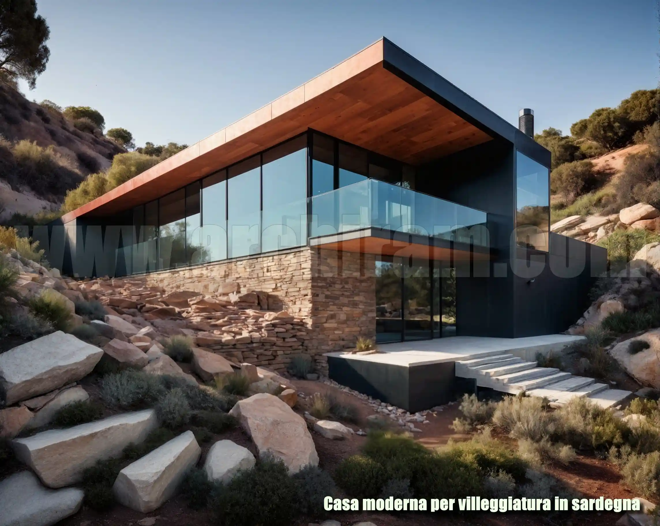 casa per villeggiatura moderna in sardegna entro terra, ricavata da un vecchio rudere agricolo - render a.i. casa per villeggiatura
