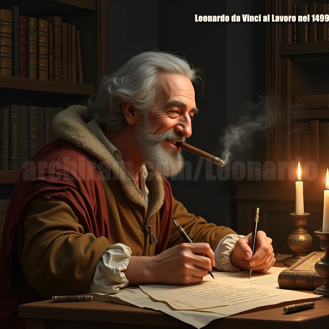 Leonardo da Vinci mentre fuma un sigaro e lavora Leonardo da Vinci al lavoro